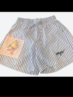 MSGM Blue and White Striped Kids' Shorts with Floral Patch